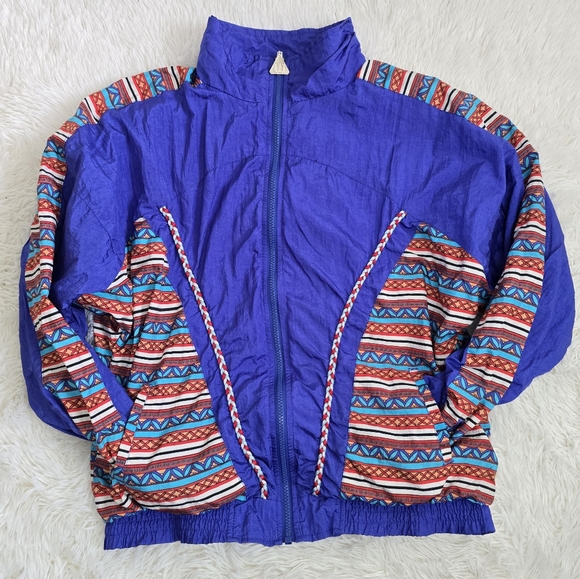 Vintage 90s Wilson Retro Blue Funky Print Windbreaker Full Zip Jacket Large - Picture 14 of 15